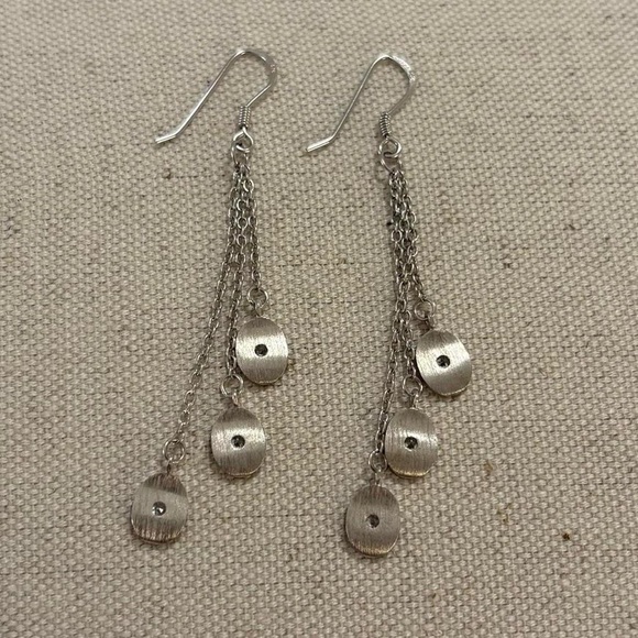 925 Sterling Silver Dangly Chain 3 Round Charms with CZ Sparkly Fancy Earrings - Picture 3 of 5